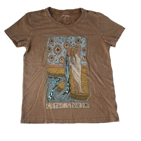 Lucky Brand Tops - Lucky Brand women’s “the star” tarot card graphic Tee sun faded brown sequin XS
